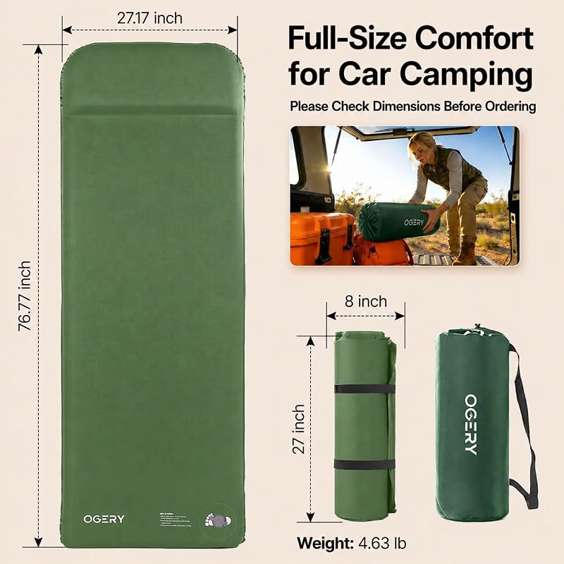 Self-Inflating 3-Inch Memory Foam Camping Sleeping Pad with Foot Pump