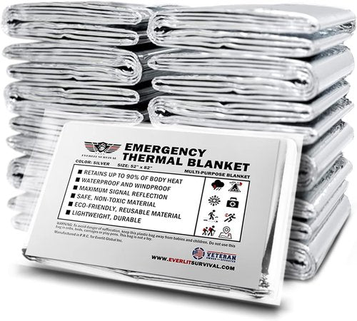 EVERLIT Survival Emergency Mylar Thermal Blankets -Space Blanket Survival kit Camping Blanket Perfect for First Aid Kit, Outdoors,Hiking,Survival,Bug Out Bag,Marathons (Silver, 12 Pack)