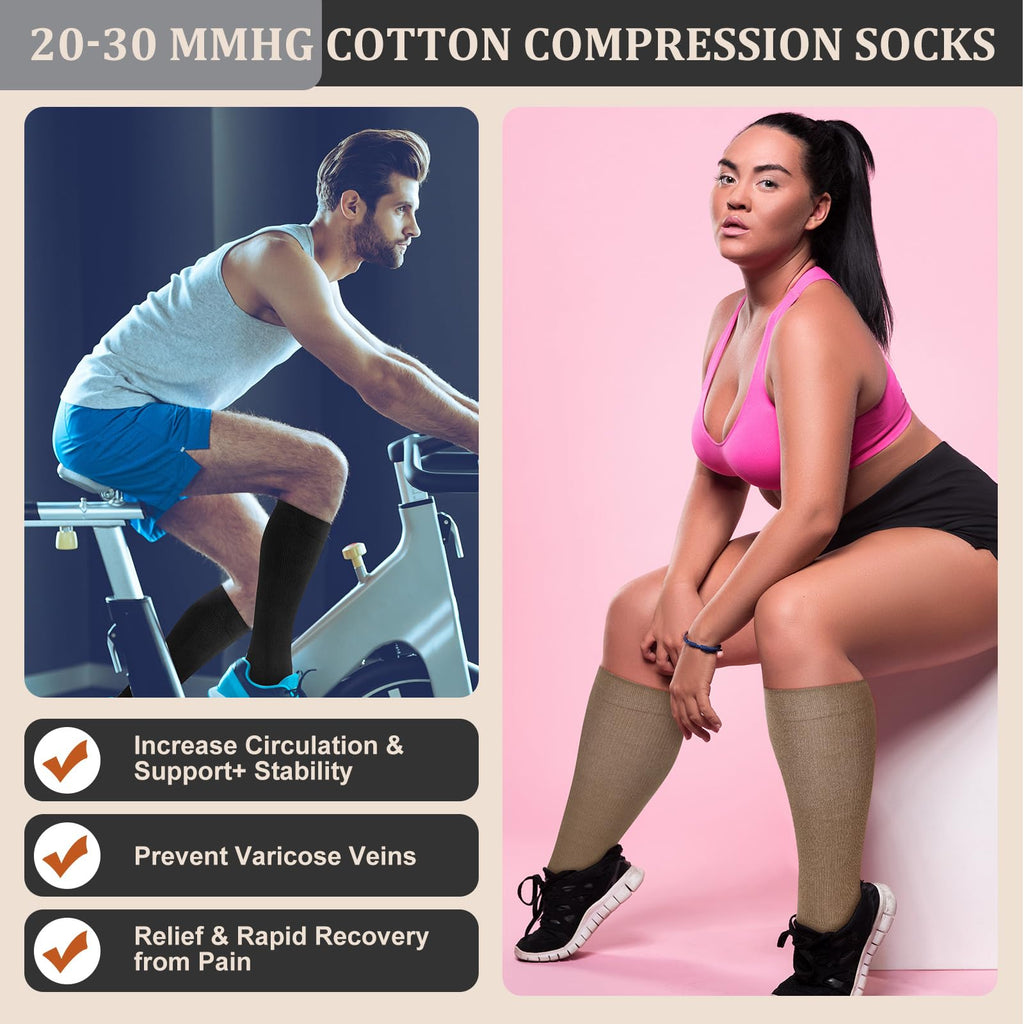 Tisancy 4 Pairs Cotton Compression Socks for Women Men 20-30 mmHg Knee High Support Socks for Nurse Pregnant Sports Travel(Black, Medium Grey, Dark Grey, Khaki)