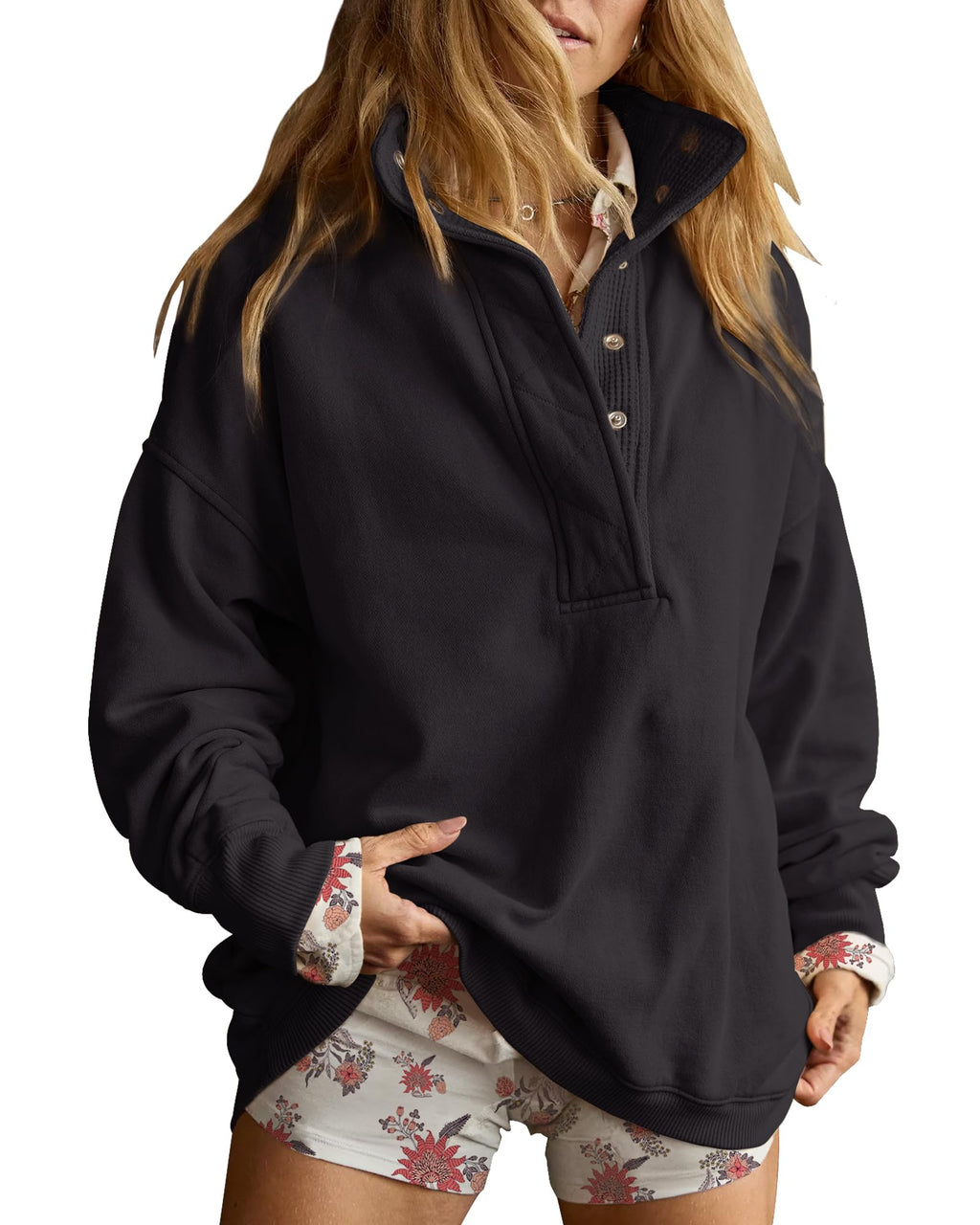 Gacaky Sweatshirt for Women Oversized Casual Long Sleeve Button Henley Neck Pullover Tops Fashion Outfits Clothes Black XX-Large