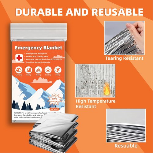 Emergency Thermal Blankets - 6 Pack Extra Large Mylar Survival Blankets | 84” x 64” Silver Foil for Camping & Hiking