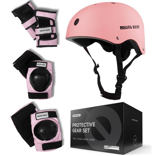 RollingBunny Skating Protective Gear Set for Adults & Youth - Helmet, Knee Pads, Elbow Pads & Wrist Guards for Inline Skating, Roller Skating & Skateboarding (Ages 14+) (Pink)