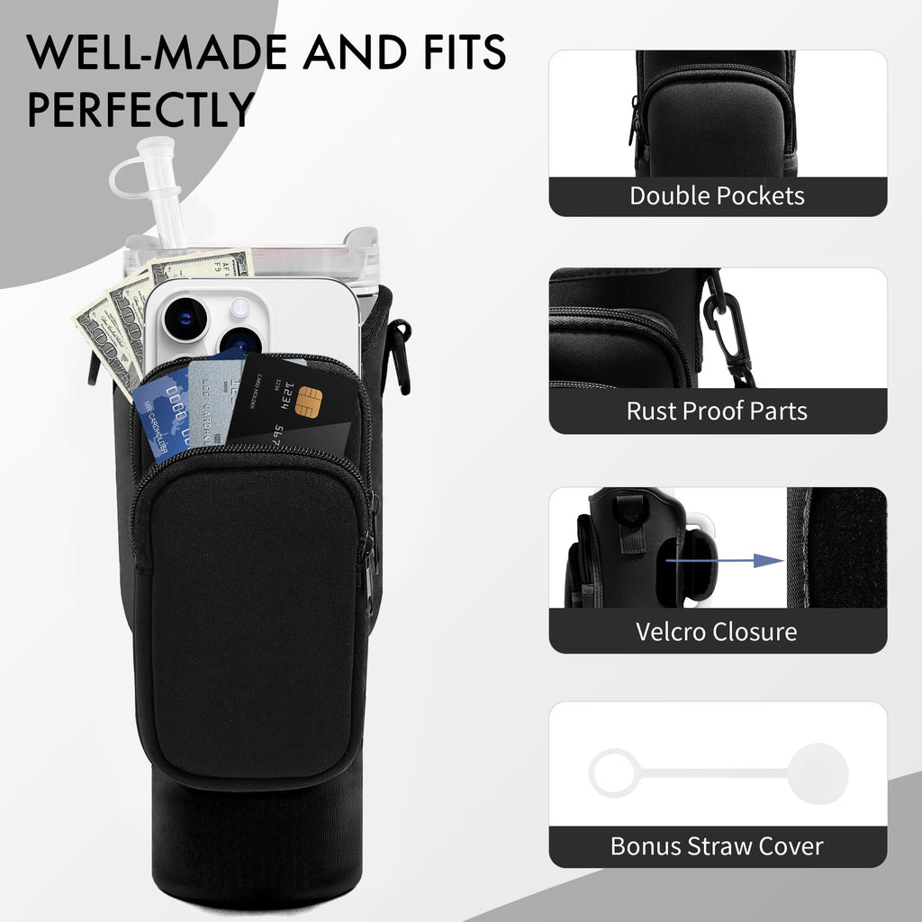 JEBEALUO Water Bottle Carrier Bag with Phone Pocket for Stanley Cup 40/30 oz, Water Bottle Holder with Adjustable Strap& Straw Cover, Stanley Cup Accessories (Black)