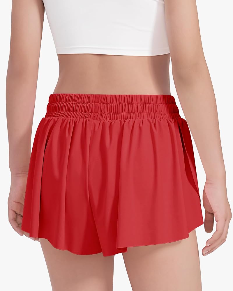 HASMES Girls Butterfly Shorts 2-in-1 Flowing Athletic Shorts Red 7-8Y