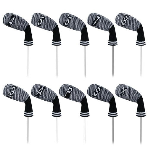 LeFeng 10 Pieces 4-9/A/P/S/X Knitted Golf Iron Head Covers Set Lightweight and Durable Material Multiple Patterns Golf Club Head Covers (Black Scale)