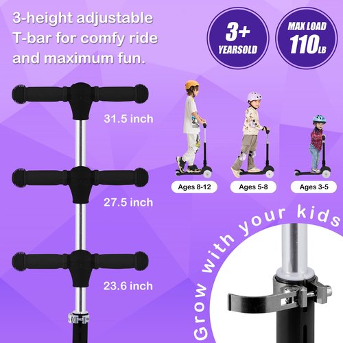 Rahmory 3-Wheel Light-Up Kids Scooter,20 Different Light Patterns,Three Adjustable Heights,Lean to Steer, Folding Scooter for Ages 3-8