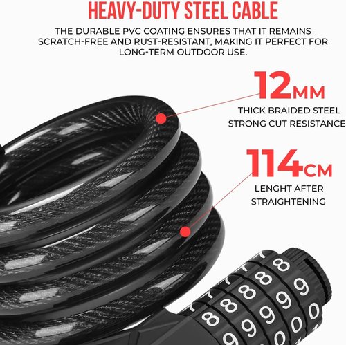 Electric Bike Lock, 5-Digit Resettable Combination Cable Lock for Scooters, Motorcycle, Ideal Anti-Theft Bicycle Lock