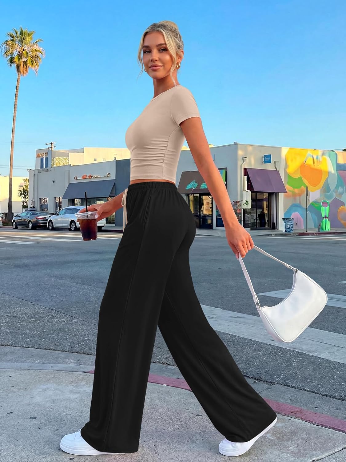 Trendy Queen 2 Piece Matching Summer Sweatsuit - Women's Side Ruching Top & Wide Leg Pants Set with Pockets