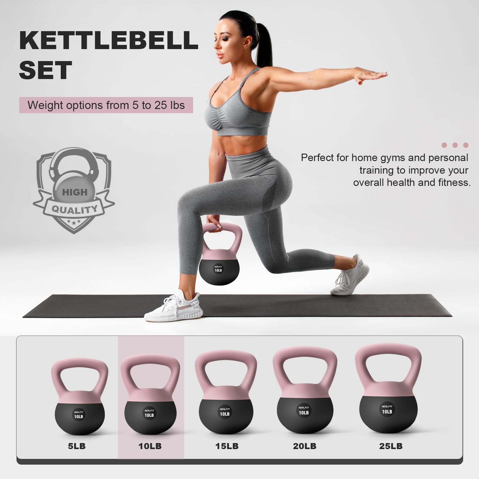 NEALFIT Soft Kettlebell 5LB/10LB/15LB/20LB/25LB, Kettlebells for Home Gym Strength Training, Anti-Slip Fitness Weights for Men Women (5LB Pink-Graphite Black)