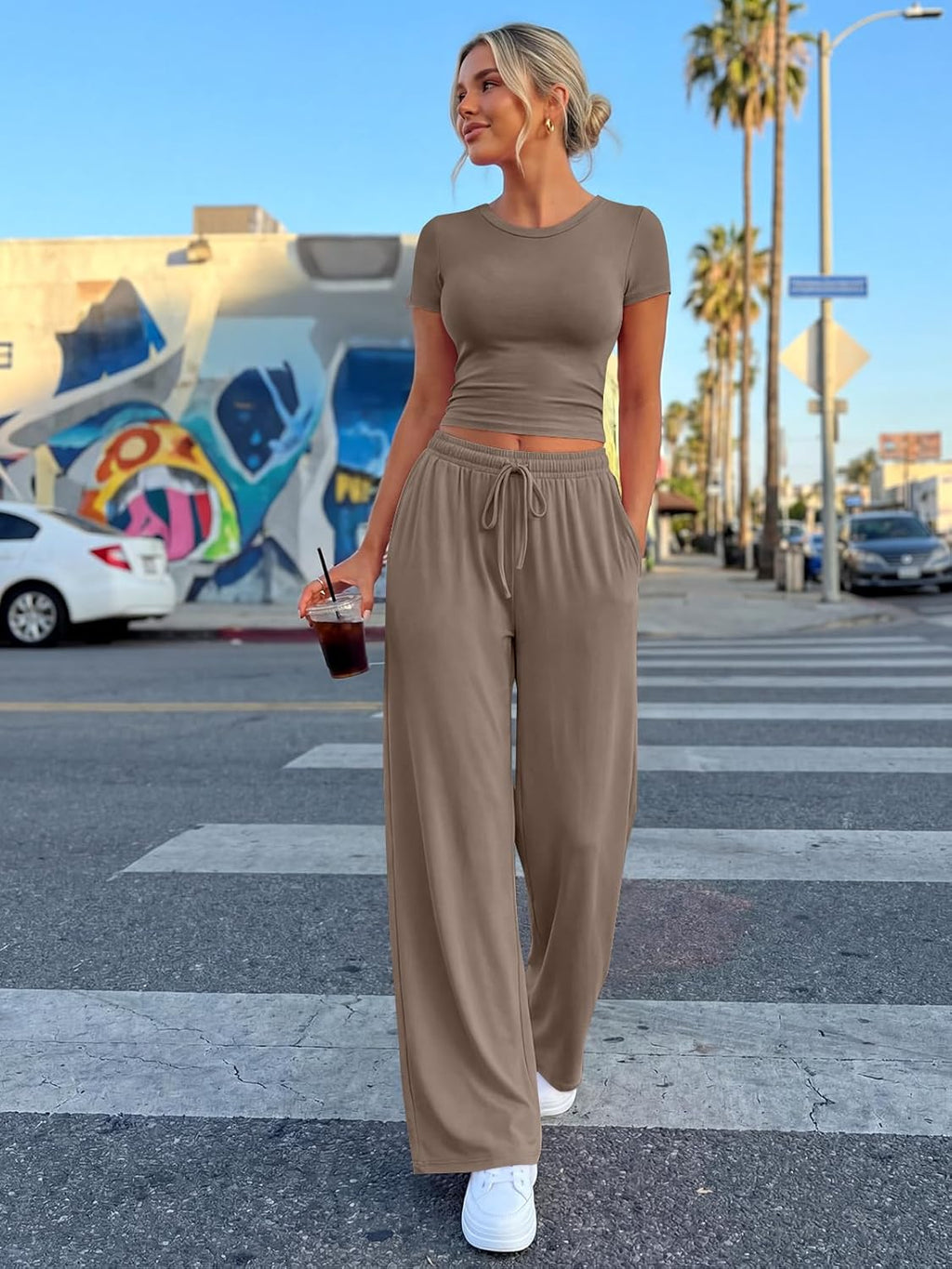 Trendy Queen 2 Piece Summer Sweatsuit Set - Women's Side Ruching Top & Wide Leg Pants with Pockets
