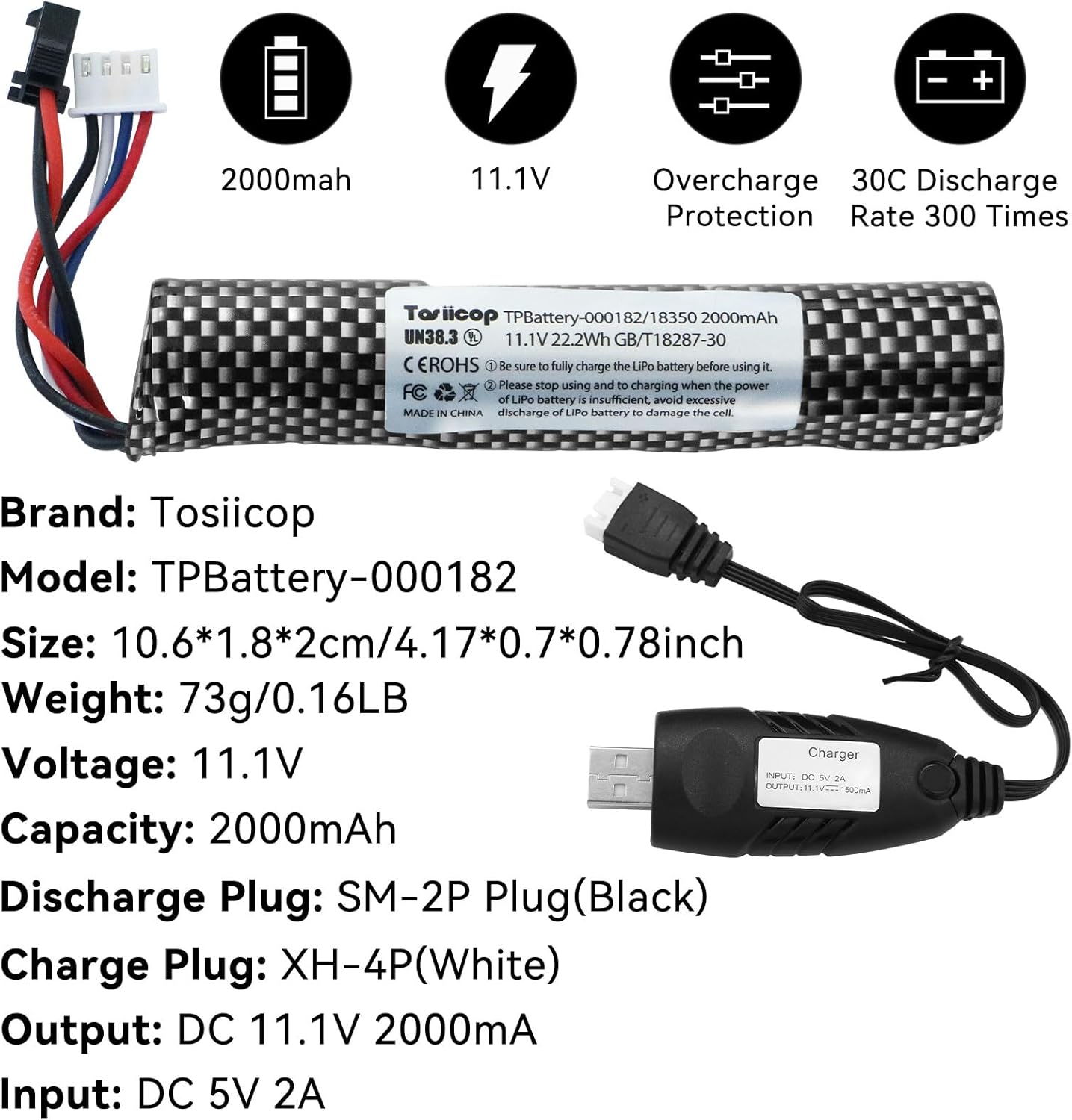 11.1V Battery Gel Blaster - High-Capacity 2000mAh Airsoft Battery with Charger & Mini Tamiya Connector