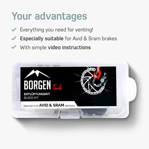 Borgen Bike Brake Bleeder Kit for AVID SRAM Hydraulic Disc Brakes - Complete Bleeding Kit with Step-by-Step Instructions and 250ml (8.45oz) DOT 5.1 Brake Fluid for Perfect Bike Maintenance