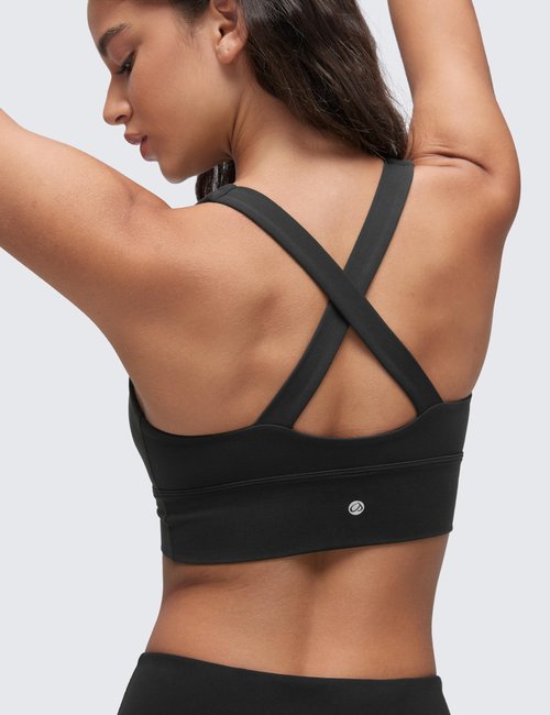 CRZ YOGA Butterluxe Ruched Longline Sports Bras for Women - V Neck Padded Yoga Tank Wide Straps Cross Back Crop Tops Black Medium