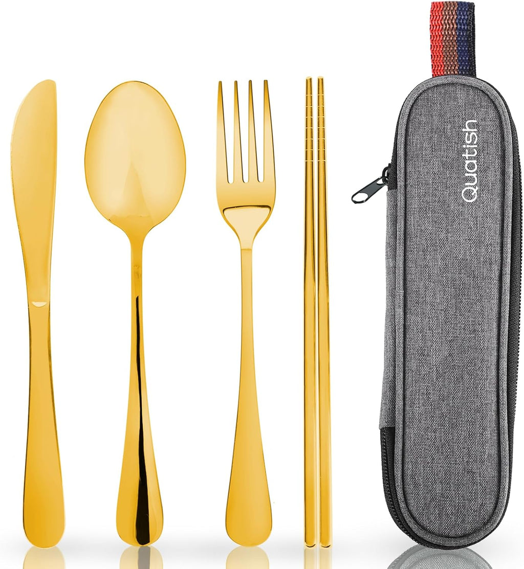 Quatish Portable Travel Utensils Set - Stainless Steel Silverware with Case | Reusable Fork & Spoon for Camping, Picnics, Lunch Boxes, Gold