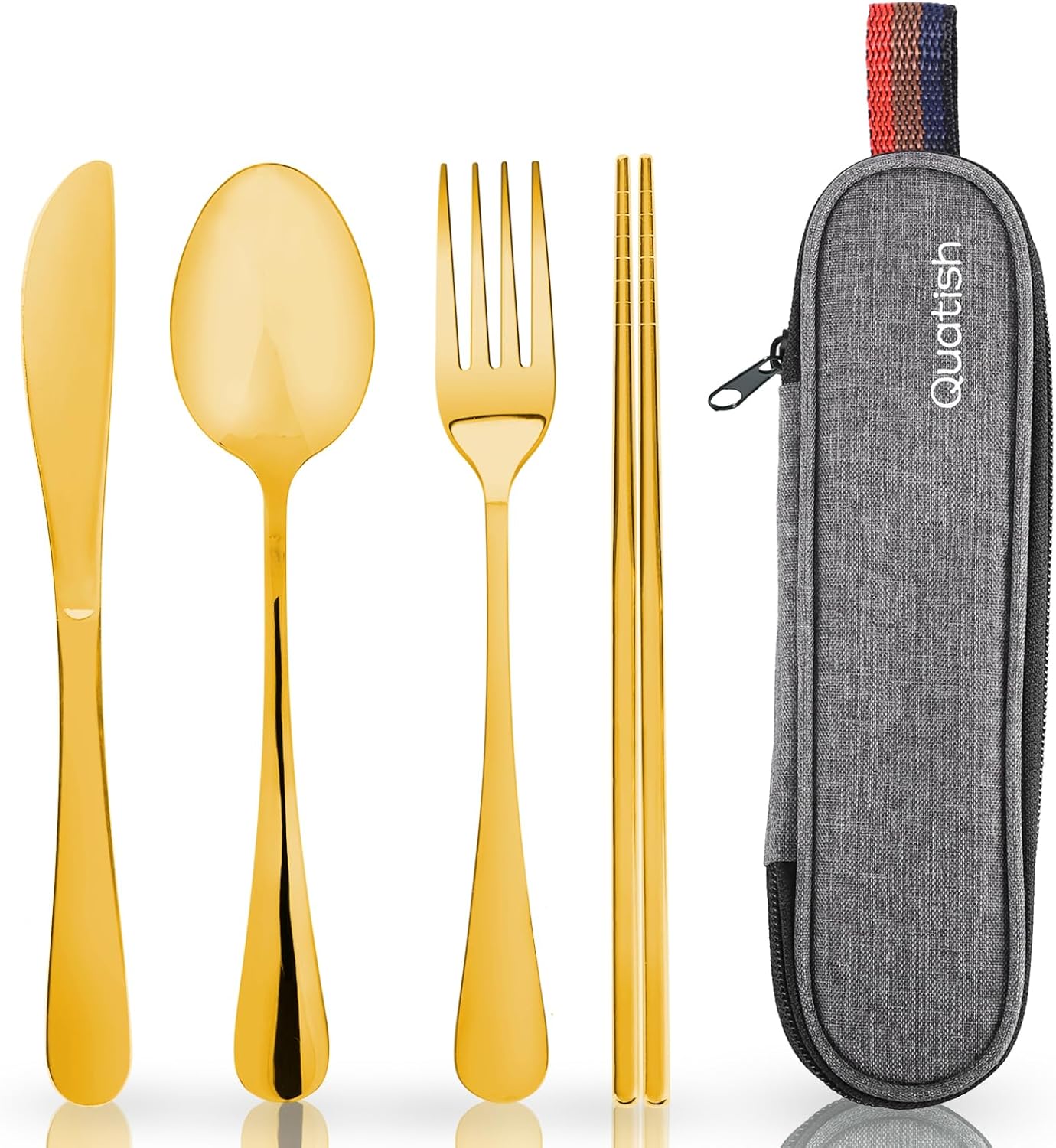 Quatish Portable Travel Utensils Set - Stainless Steel Silverware with Case | Reusable Fork & Spoon for Camping, Picnics, Lunch Boxes, Gold