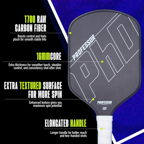 Professor PhD T700 Raw Carbon Fiber Premium Pickleball Paddle Racket - Precision Honeycomb Core - Enhanced Power & Control - USAPA Pickleball Approved