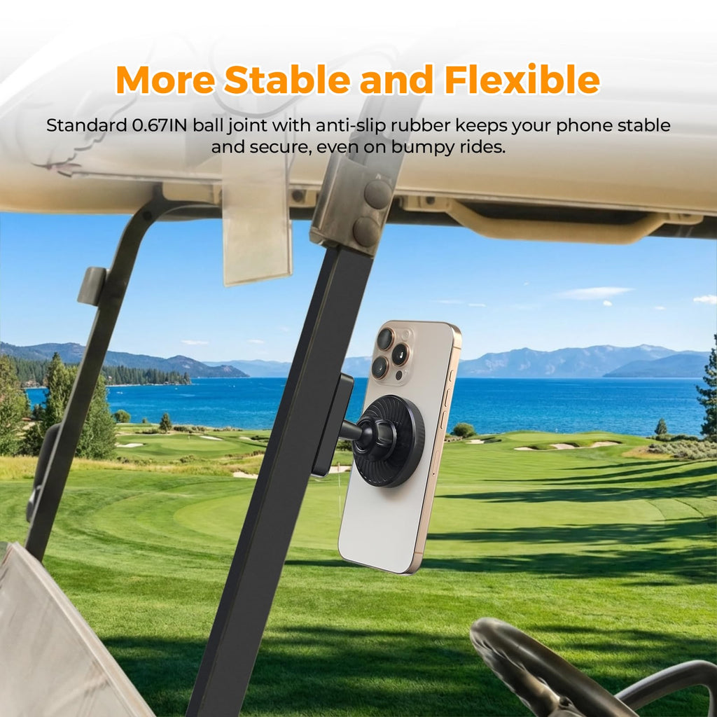 Strong Magnetic Golf Cart Phone Holder – Adjustable N52 Magnets, 360° Rotation, Stable 0.67IN Ball Head, Portable with Storage Pouch, Fits EZGO/Club Car/Yamaha Square Iron Struts