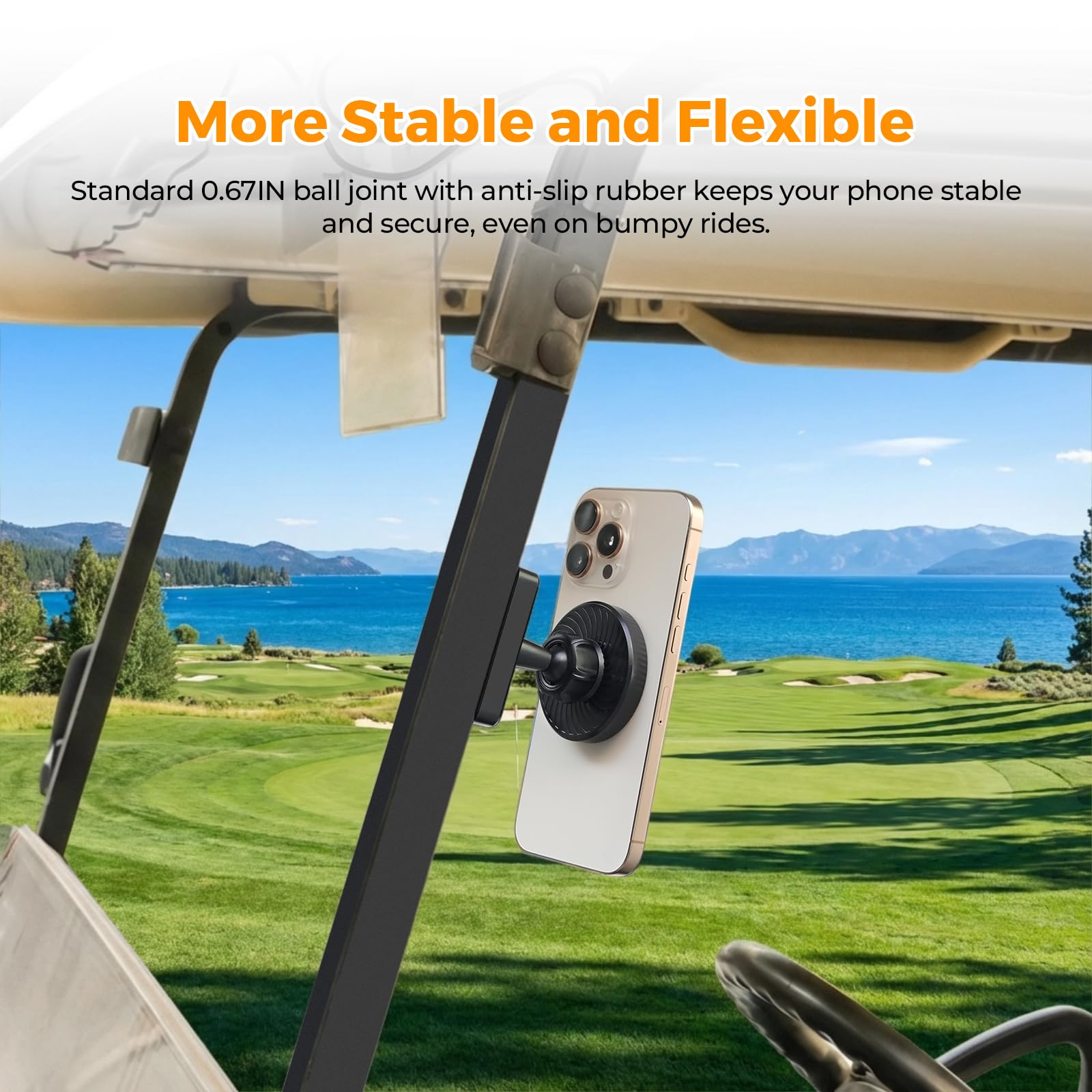 Strong Magnetic Golf Cart Phone Holder – Adjustable N52 Magnets, 360° Rotation, Stable 0.67IN Ball Head, Portable with Storage Pouch, Fits EZGO/Club Car/Yamaha Square Iron Struts