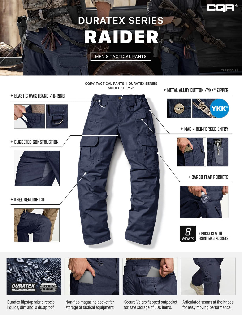 CQR Men's Tactical Pants, Water Resistant Ripstop Cargo Pants, Lightweight EDC Work Hiking Pants, Outdoor Apparel, Duratex Mag Pocket Police Navy, 40W x 32L