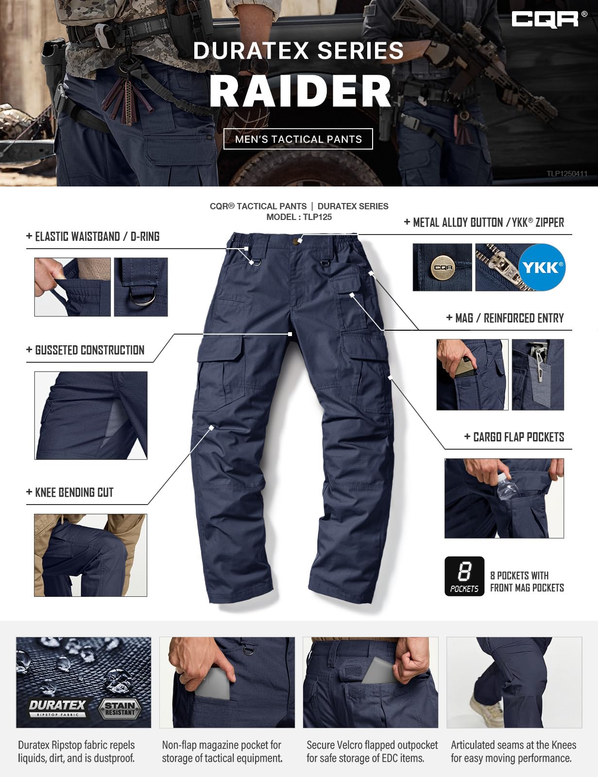 CQR Men's Tactical Pants, Water Resistant Ripstop Cargo Pants, Lightweight EDC Work Hiking Pants, Outdoor Apparel, Duratex Mag Pocket Police Navy, 40W x 32L