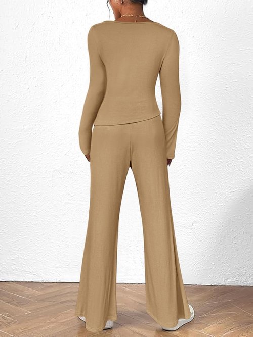 BeautyNee 2 Piece Matching Sweatsuit - Women's Casual Lounge Set with Wide Leg Pants & Crop Top | Khaki M