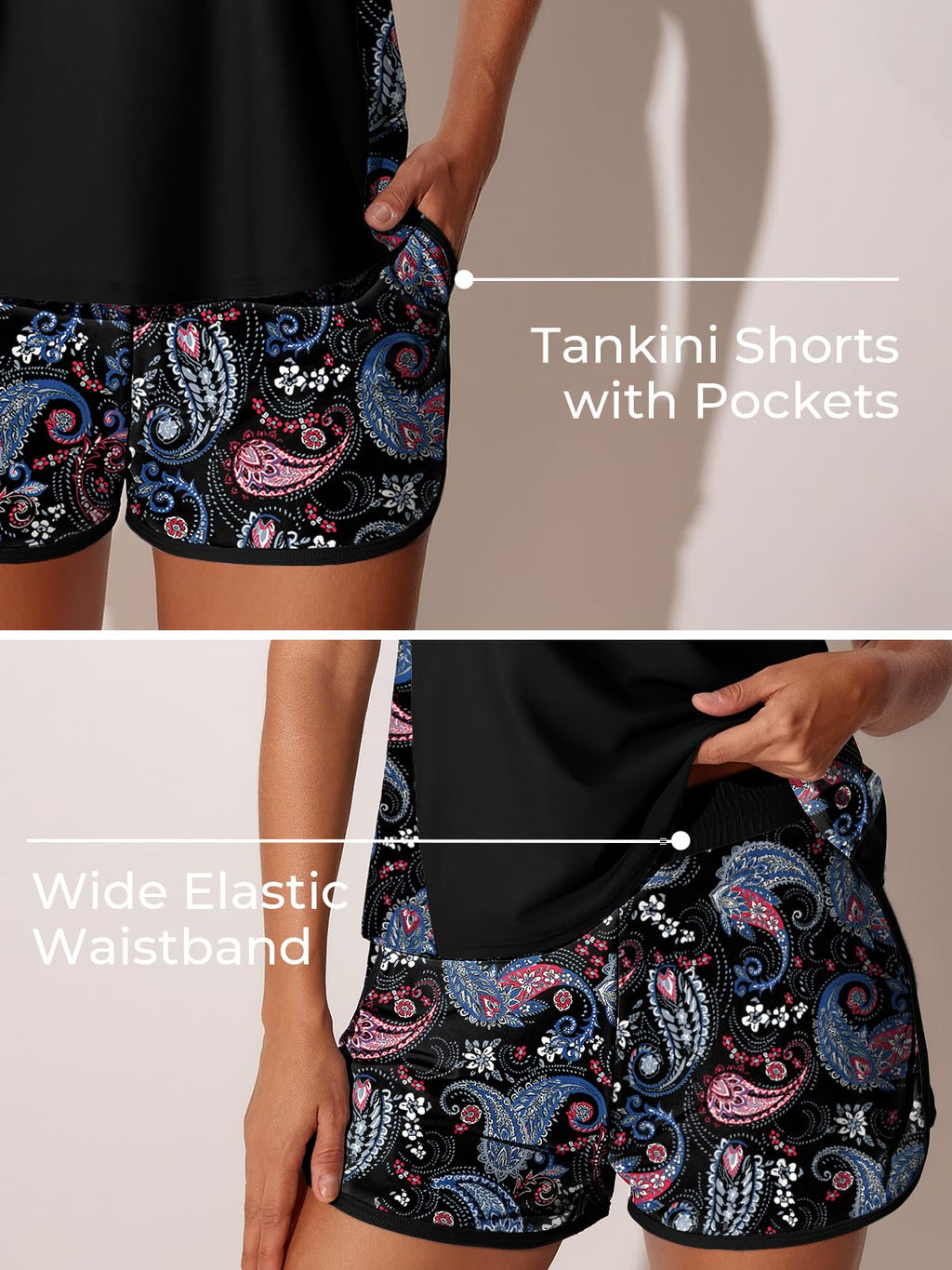 Summer Mae Blouson Tankini Swimsuits for Women 2026 Tummy Control Two Piece Bathing Suits with Sporty Pockets Swim Shorts Black Paisley Size 12