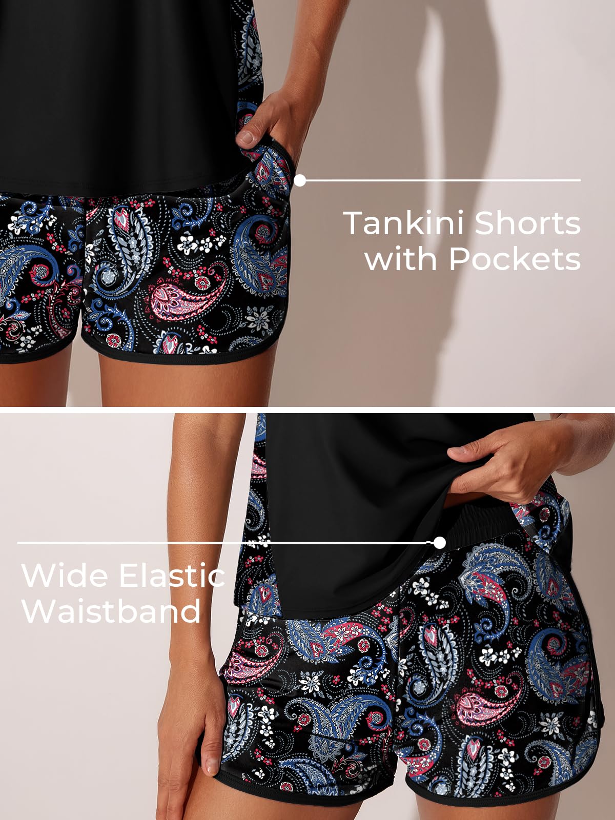 Summer Mae Blouson Tankini Swimsuits for Women 2026 Tummy Control Two Piece Bathing Suits with Sporty Pockets Swim Shorts Black Paisley Size 12