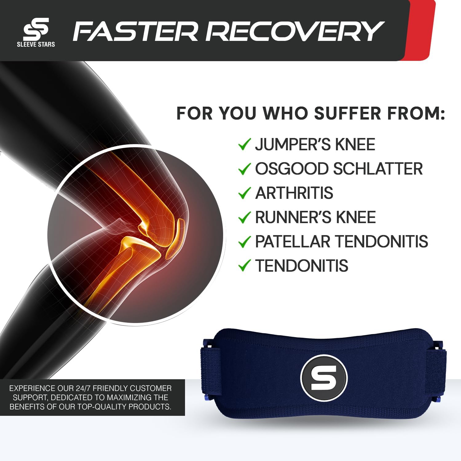 Sleeve Stars Patellar Tendon Support Strap - Effective Osgood Schlatter Knee Brace for Adults & Kids | Adjustable 12"-24" Navy Blue