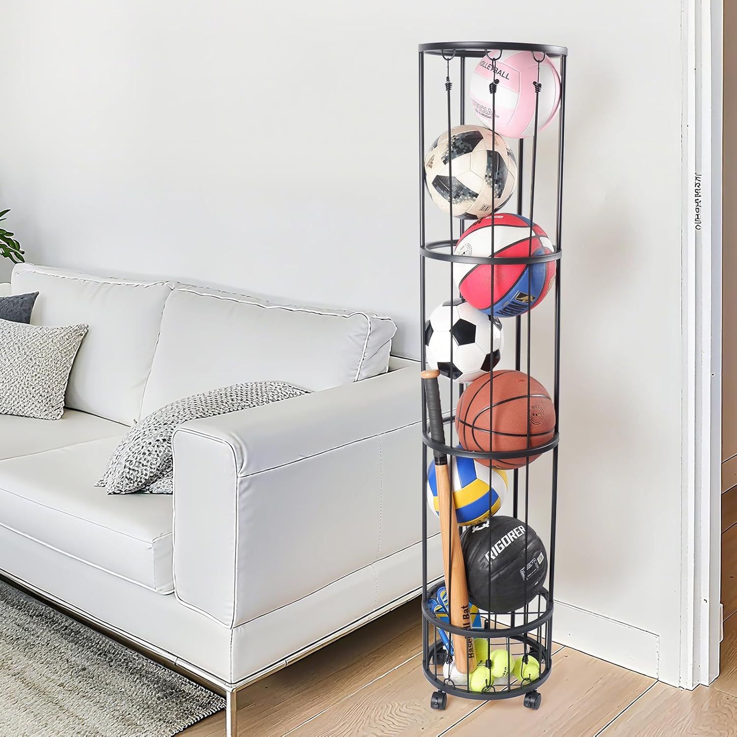 Upgrated Ball Storage Rack - Wall-Mounted Sports Equipment Organizer with Adjustable Cords | Indoor/Outdoor Use