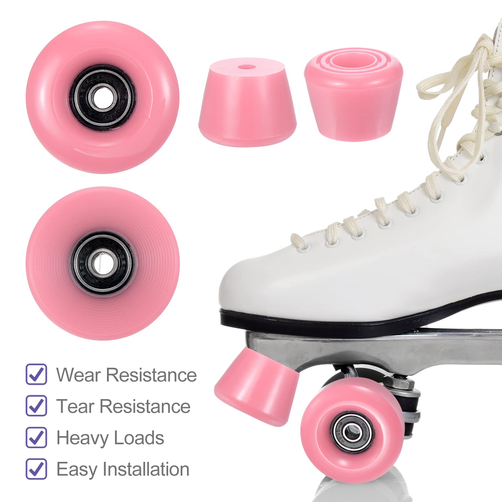 PATIKIL 8 Pack Roller Skate Wheels Outdoor 58mmx32mm Quad Roller Skate Wheels with ABEC-9 Bearing, 82A PU Roller Wheels & 2 Toe Stoppers for Double Row Skate Skateboard Indoor, Pink