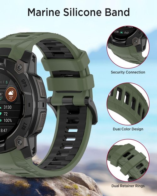 Miimall Silicone Band for Garmin Instinct 3 50mm, Sweatproof, Lightweight, 26mm Adjustable Watch Bracelet Replacement Sport Strap for Garmin Instinct 3 SOLAR/AMOLED for Men Women, Green-Black