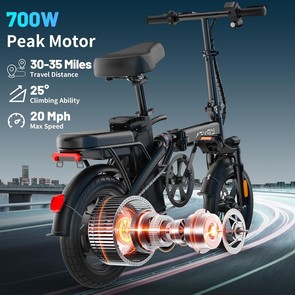 REOCRO Foldable Electric Bike - 700W Peak Motor, 48V Removable Battery, 14" Mini E-Bike for Commuting
