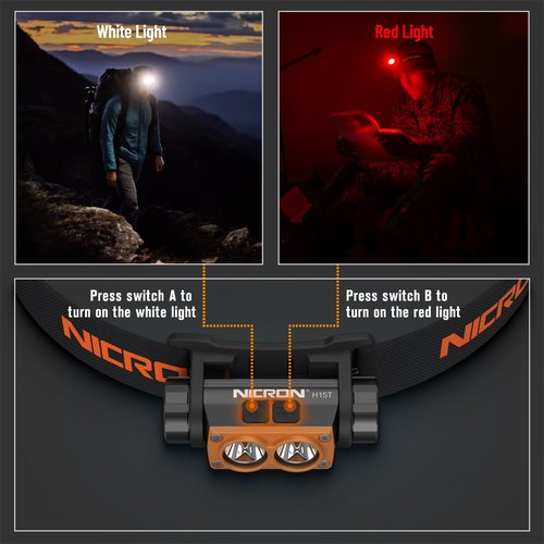 NICRON H15T Headlamp Rechargeable, 500 Lumens LED Headlamp with Red Light, IP67 Waterproof 8 Modes Head Leamps for Camping Running Fishing Adults