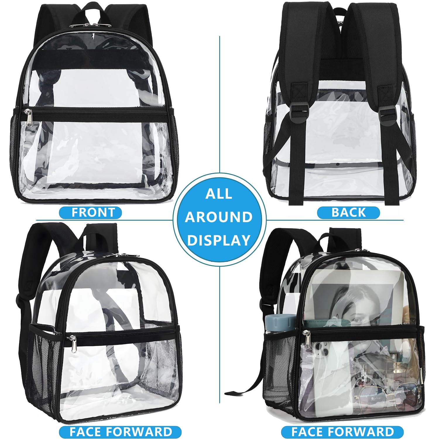 Fammart Clear Backpack Stadium Approved 12x6x12 - Kids & Small Adult Transparent Backpack for School, Work, Sports, Concerts - Clear Bag