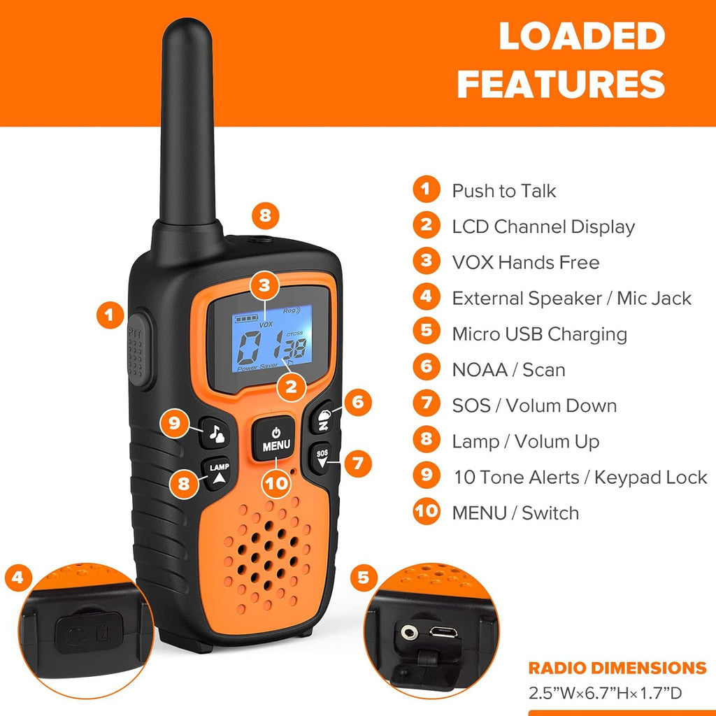Wishouse Walkie Talkies - Long Range 2-Way Radios | Rechargeable 4-Pack with SOS Siren & NOAA Alert