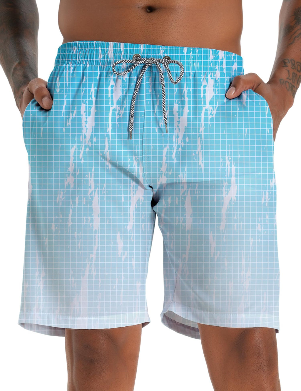 ELETOP Men's Swim Trunks Quick Dry Bathing Suit Swimming Board Shorts Mesh Lining Beach Swimwear Grid Gradient Blue 4XL