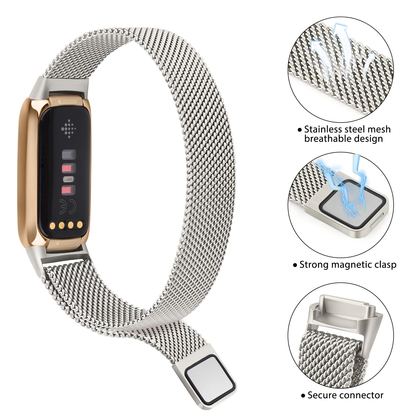 Oumida Mesh Metal Band Compatible with Fitbit Luxe Band, Stainless Steel Adjustable Loop Strap Women Men Replacement Bands for Luxe Health &-Fitness-Tracker, Starlight+Champagne Gold