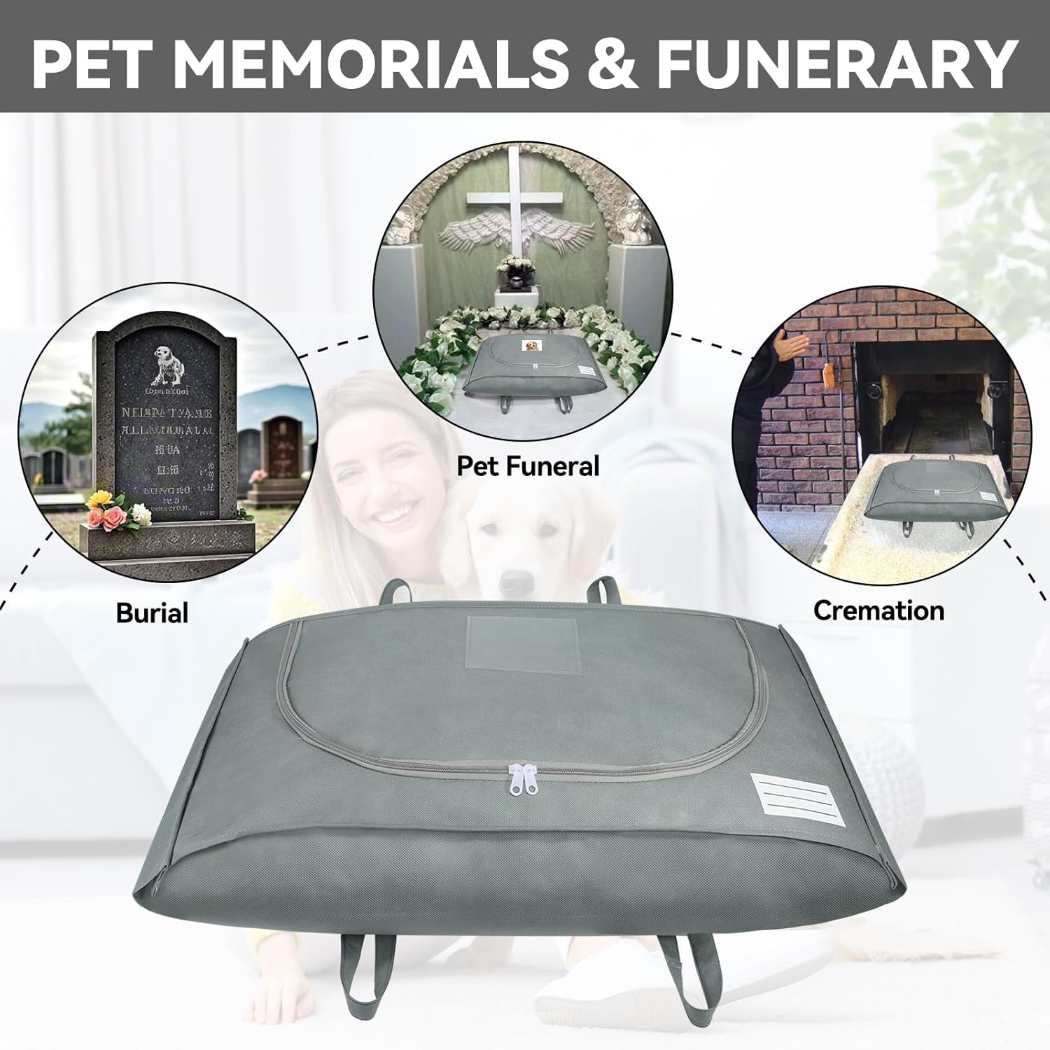 Pet Burial Bag with Handle - Eco-Friendly Dog & Cat Casket for Dignified Memorial | Size M (31.89 x 14.17 x 7 in)