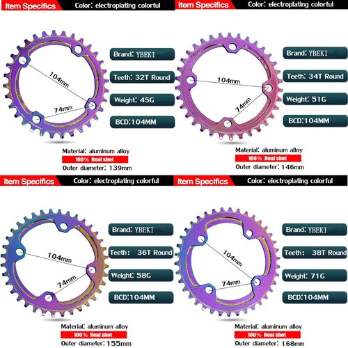 YBEKI 104BCD Chainring - CNC 7075-T6 Aluminum Narrow-Wide Round Chainwheel for MTB/Road Bikes (32-38T) | Compatible with Shimano/SRAM 8-11 Speed | Ultra-Light | Anti-Drop Design ﻿