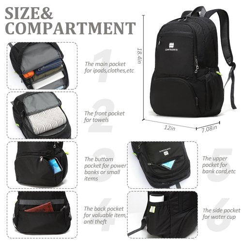 CLANTRILOBITE Lightweight Packable Travel Backpack, 30L Black Daypack Hiking Backpack for Women Men, Waterproof and Foldable, Travel Backpack Carry on Flight Approved
