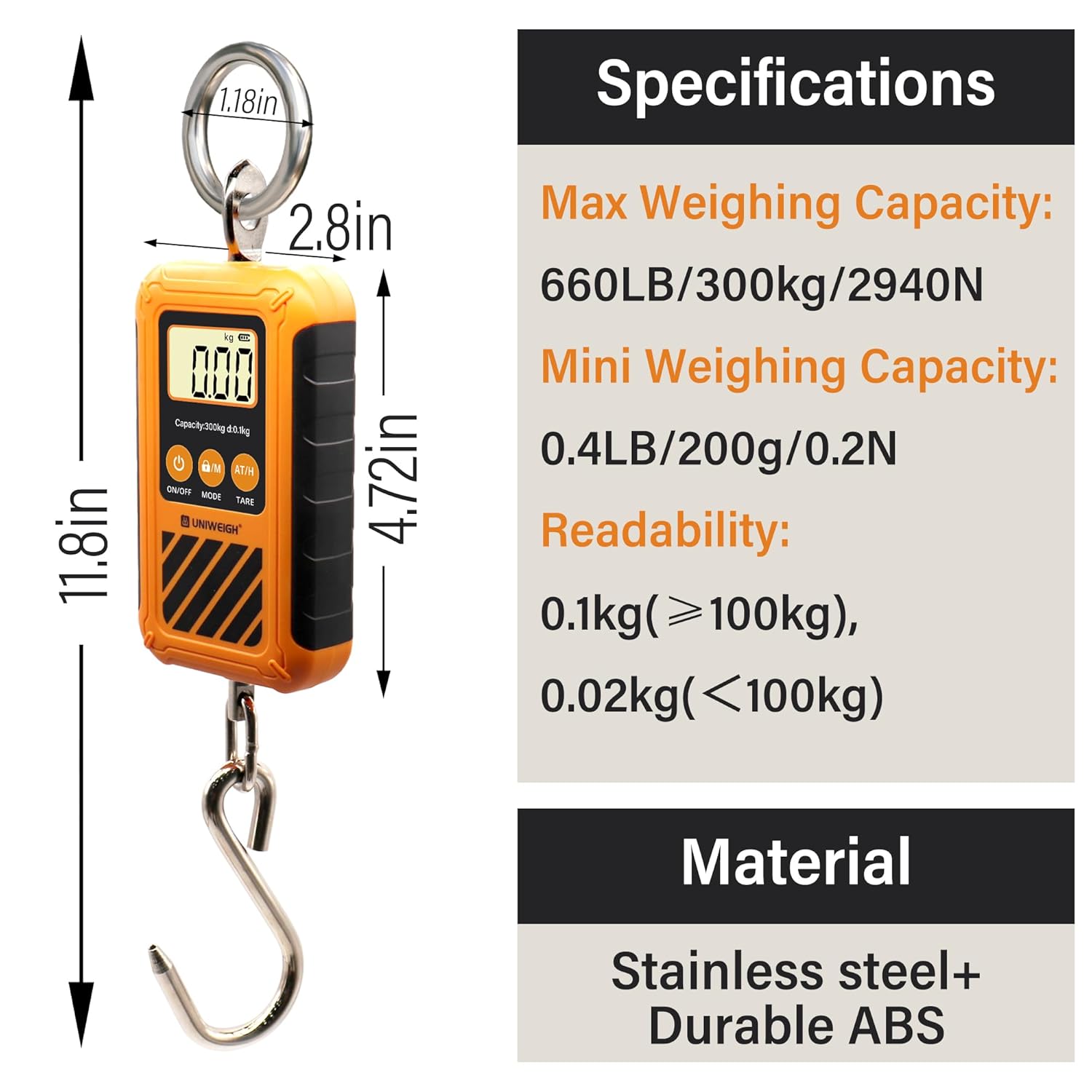 UNIWEIGH Digital Hanging Scale - Portable 300kg/660lb Crane Scale with LCD Display & Large Hook | Ideal for Hunting, Fishing, and Garage Use