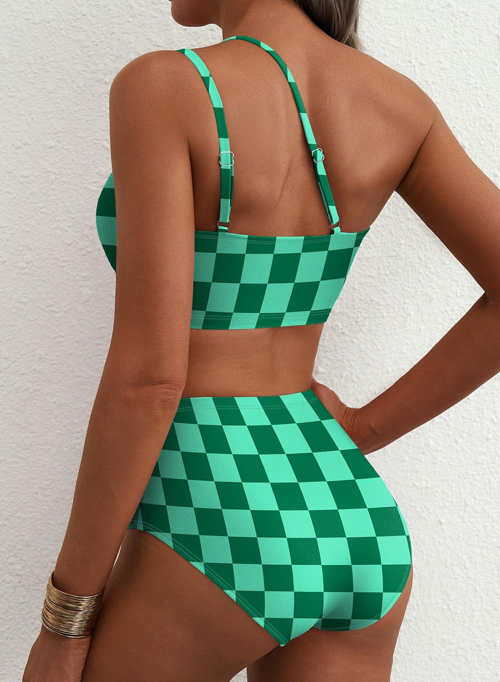 Herseas Women Bikini Sets One Shoulder 2 Piece Swim Suits High Waisted Tummy Control Push Up Adjustable Straps Bathing Suit Sexy Charming Beach Outfits Summer Green Checkered Medium