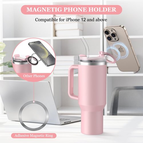 UKEXE Magnetic Phone Holder for Stanley 40oz Quencher H2.0 Tumbler with Handle, Rotatable Water Bottle Phone Stand, MagSafe Compatible, Pink