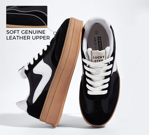 LUCKY STEP Women's Platform Sneakers - Thick Sole Suede & Faux Leather Casual Walking Shoes