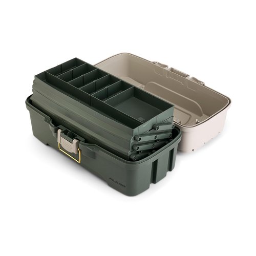 Plano Three-Tray Tackle Box Bass Kit, Tan/Green, Rust-Proof Brass Latch, Top-Access Tray Compartments with Deep Storage, Made in the USA, Portable Fishing Gear Storage Organizer