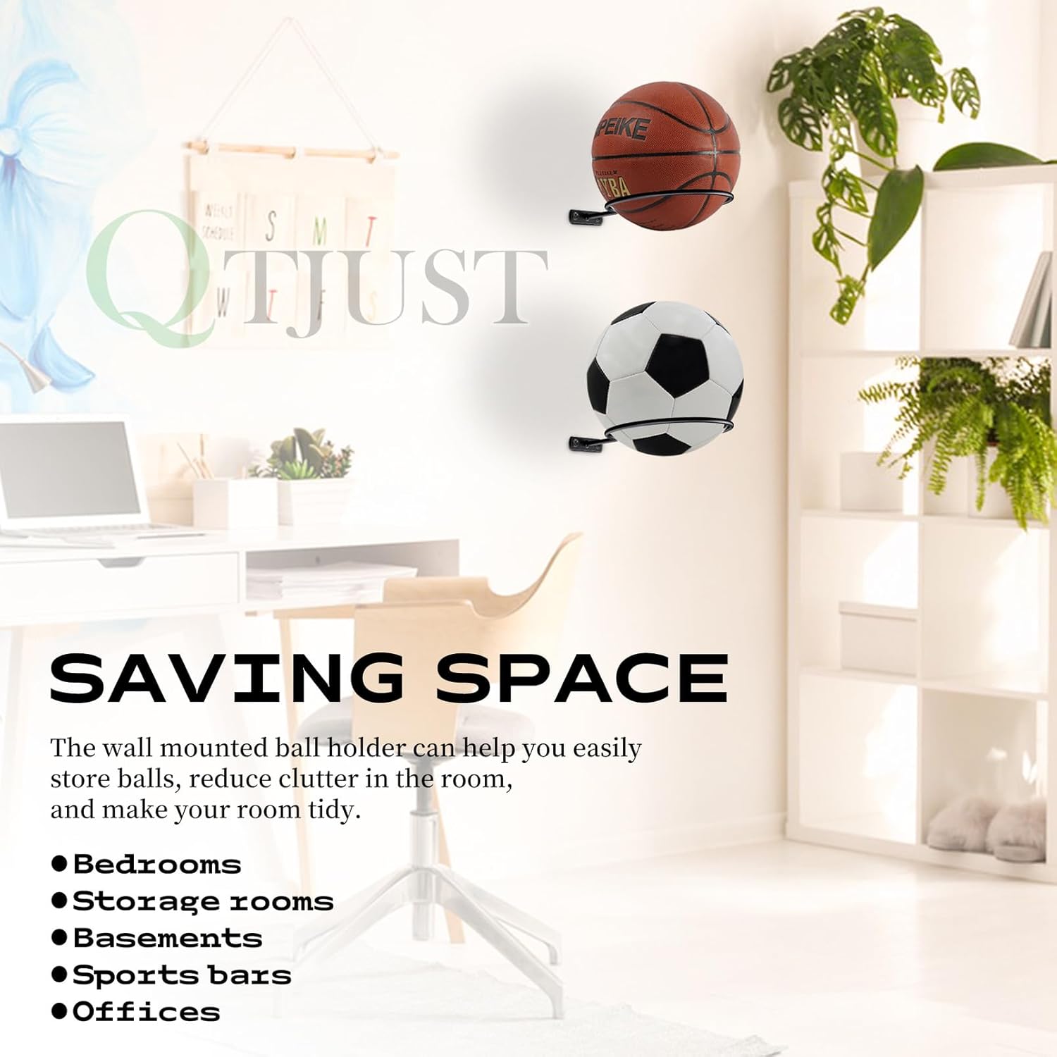 Skiennix Mounted Ball Wall Storage Rack - Universal Metal Holder for Basketball, Football, Volleyball, Soccer - Black