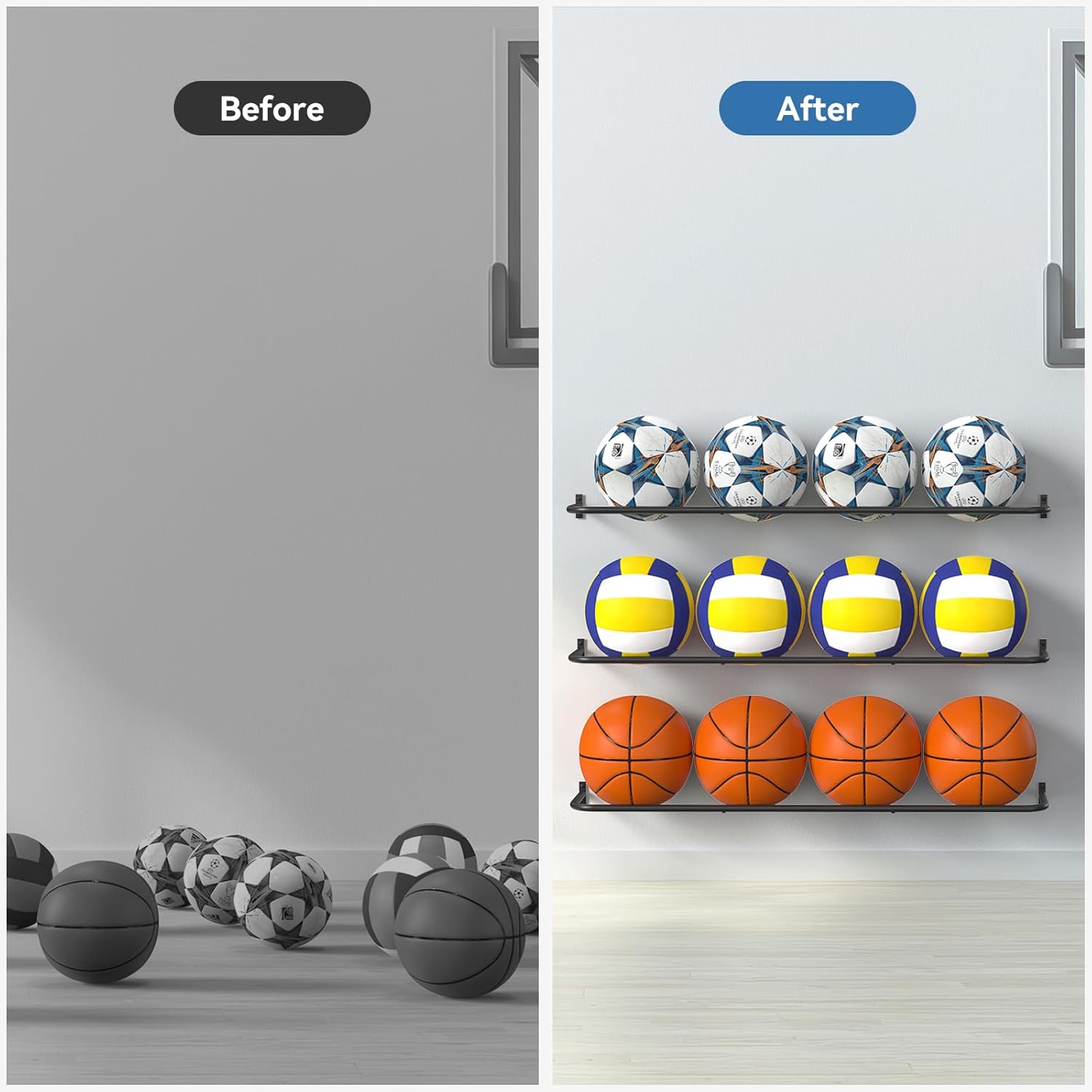 Wall Mount Ball Rack by [Brand Name] - Garage Sports Equipment Organizer with 12-Ball Capacity