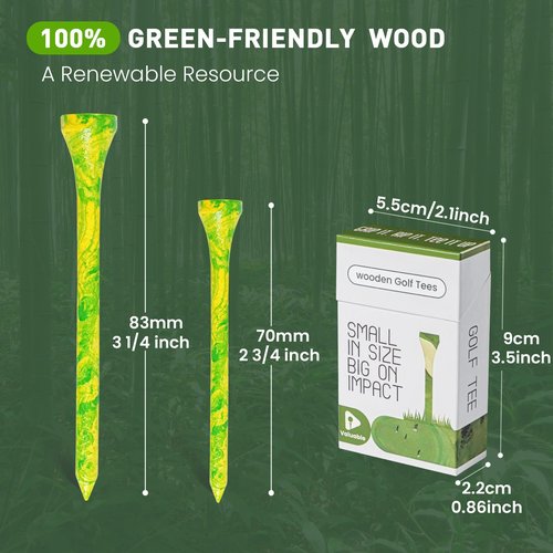Golf Tees Colorful Painted Wooden Value 18/72/180 Pack, Durable Stylish Bamboo Tees 3 1/4 2 3/4 Inch Long for Golfers, Premium Cool Style Enhanced Visibility for Men Women (Green-180 Pack, 3 1/4 Inch)