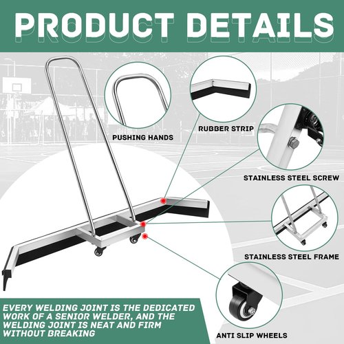 Leyndo 2 Pcs Tennis Court Squeegee 54 inches Floor Broom Commercial with Handle and Wheels Professional Water Remover Stainless Steel Sport Court Accessories, Silver