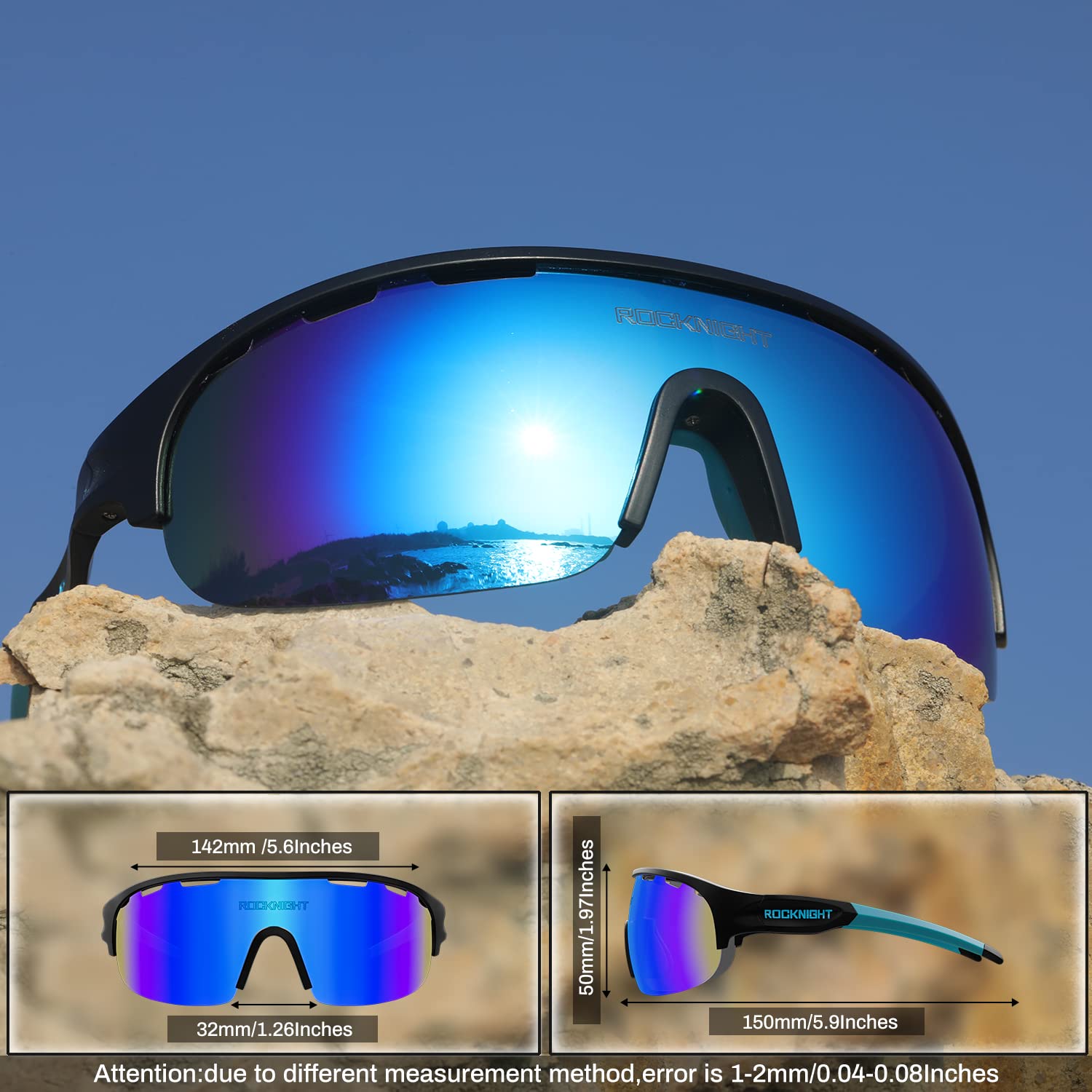 ROCKNIGHT UV Polarized Fishing Sunglasses Men Hiking Travel Outdoor Mirrored Blue Sunglasses Sports TR90 Black Frame